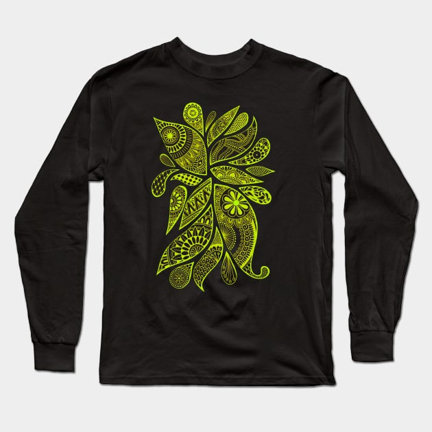 Abstract Zentangle Swirls Design (yellow-green on black) Long Sleeve T-Shirt by calenbundalas